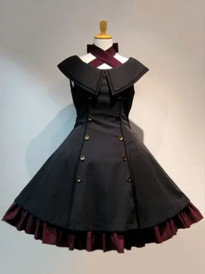 Gothic Lolita JSK Jumper Skirt Military Style Sleeveless Ruffles Double Breasted Black Lolita Dresses
