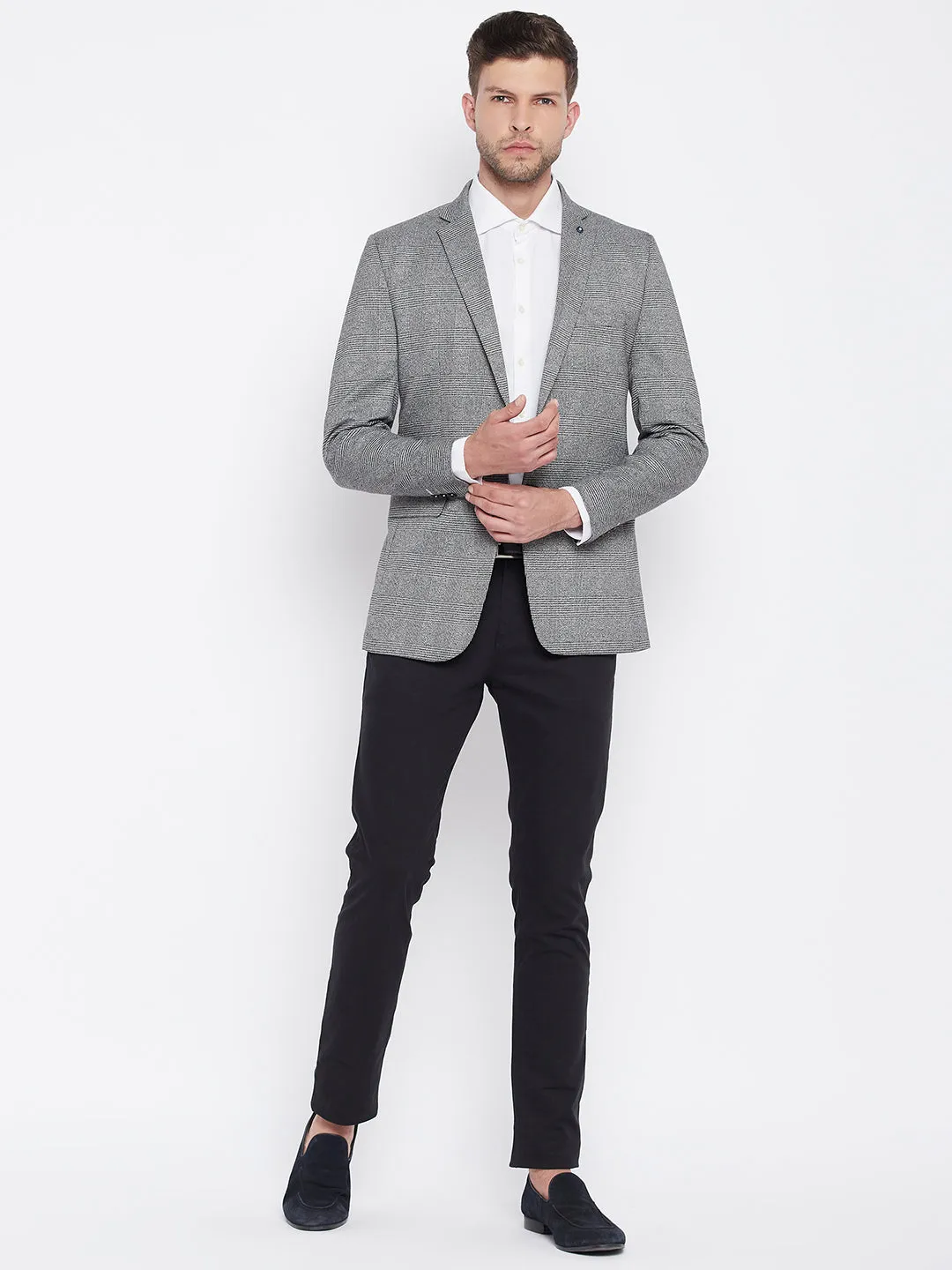 Grey Chekced Notched Lapel Blazer