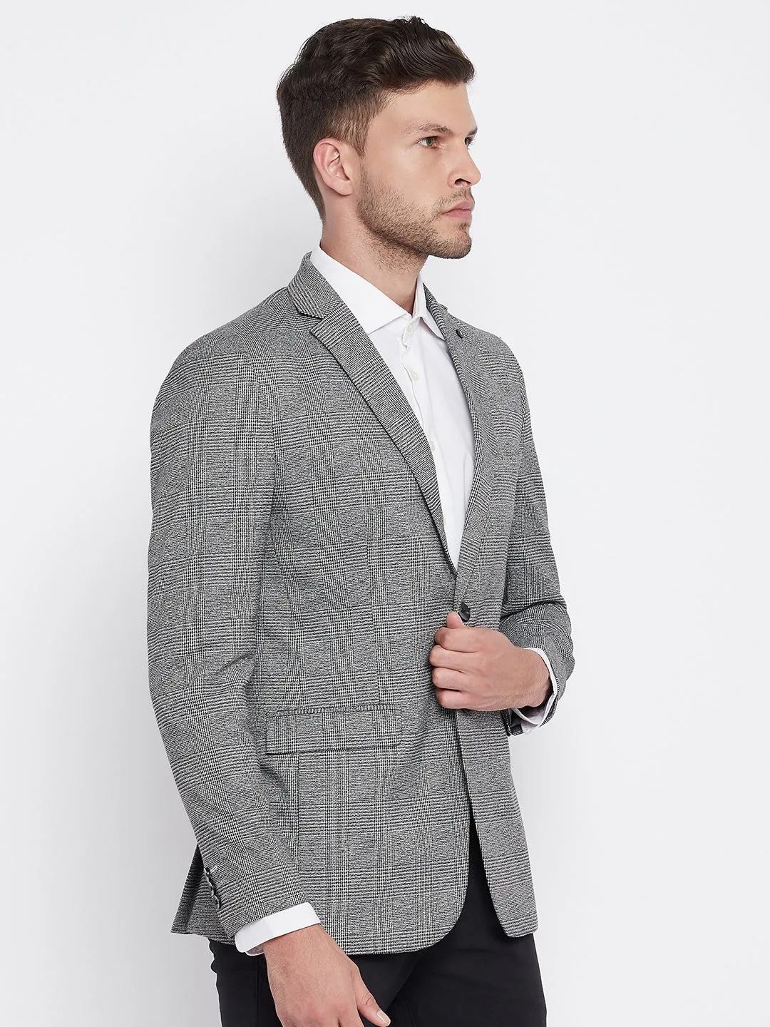 Grey Chekced Notched Lapel Blazer
