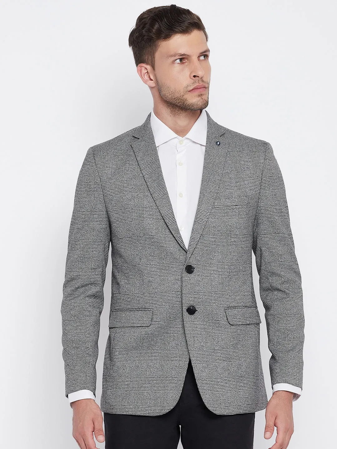 Grey Chekced Notched Lapel Blazer