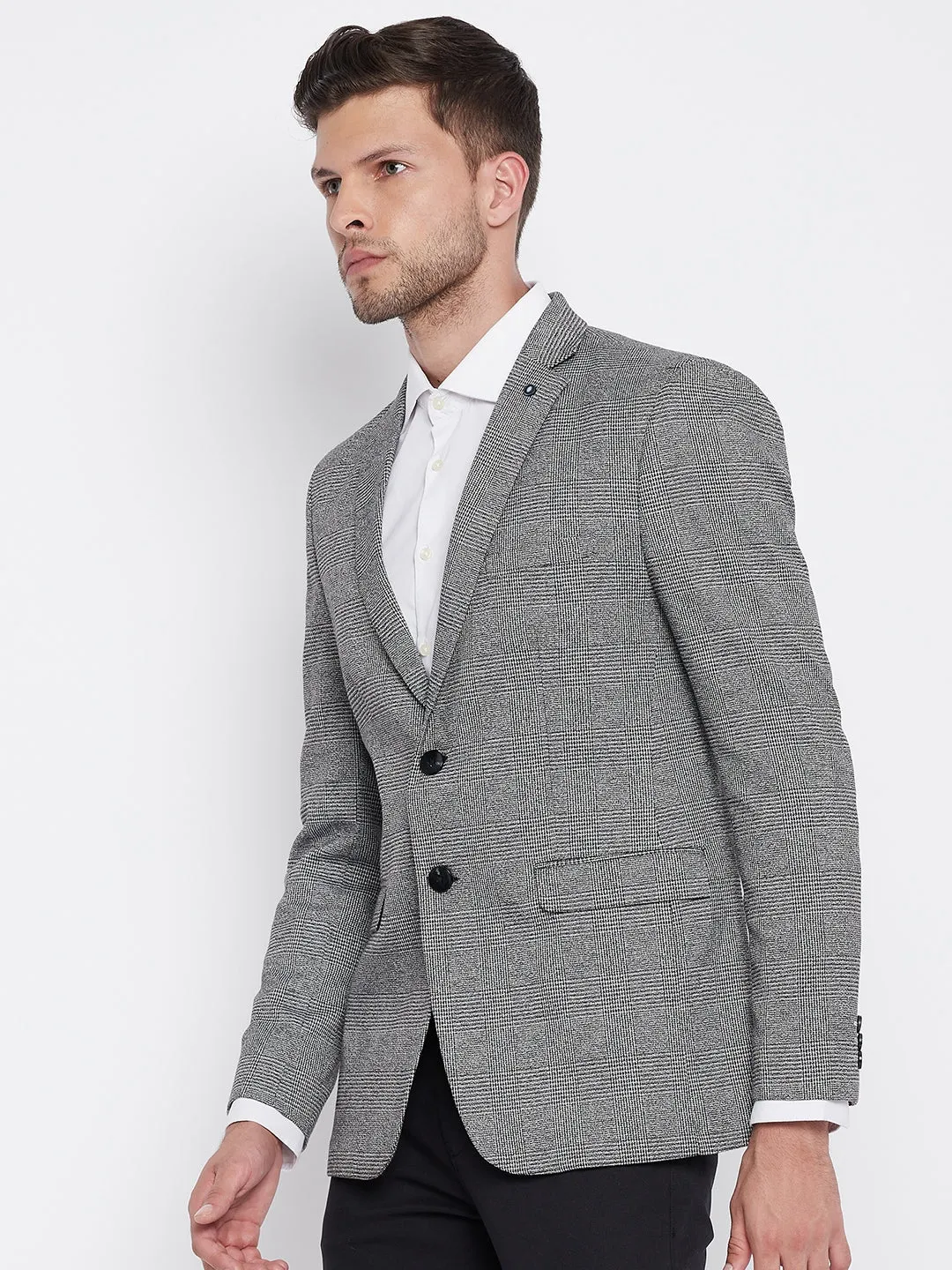 Grey Chekced Notched Lapel Blazer