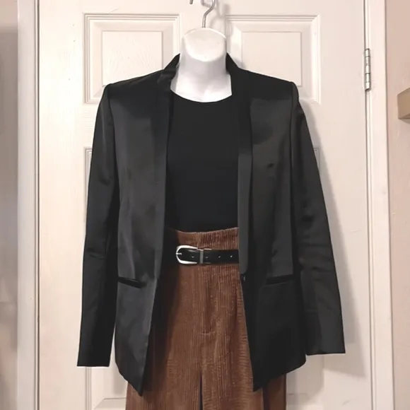 Helmut Lang Black Satin Silk One Button Blazer Suit Jacket Sz 0