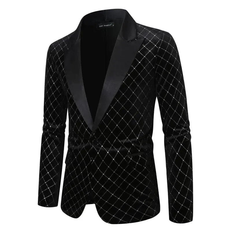 High-grade Men Luxury Gold Velvet Suit Single-button Loose Jacket Black Green Burgundy Male Wedding Party Dress Plaid Blazers
