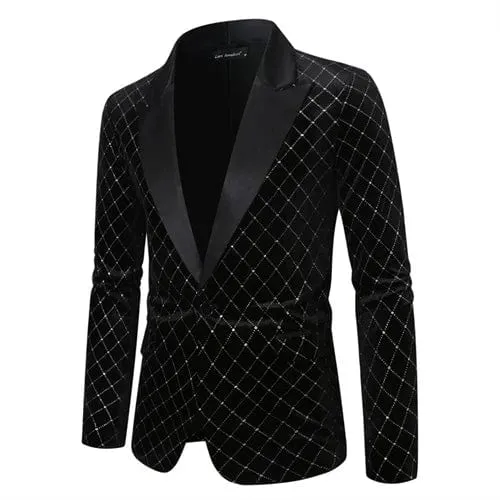 High-grade Men Luxury Gold Velvet Suit Single-button Loose Jacket Black Green Burgundy Male Wedding Party Dress Plaid Blazers