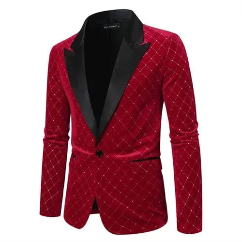 High-grade Men Luxury Gold Velvet Suit Single-button Loose Jacket Black Green Burgundy Male Wedding Party Dress Plaid Blazers