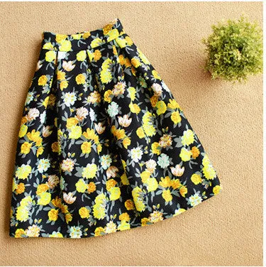 High Waist Pleated Midi Skirt 4 Color Women Floral Print Long Skirts Winter Skirts