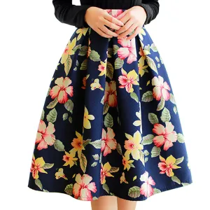 High Waist Pleated Midi Skirt 4 Color Women Floral Print Long Skirts Winter Skirts