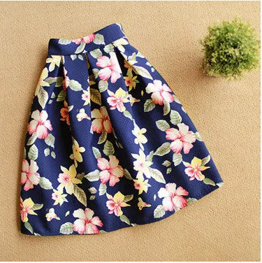 High Waist Pleated Midi Skirt 4 Color Women Floral Print Long Skirts Winter Skirts