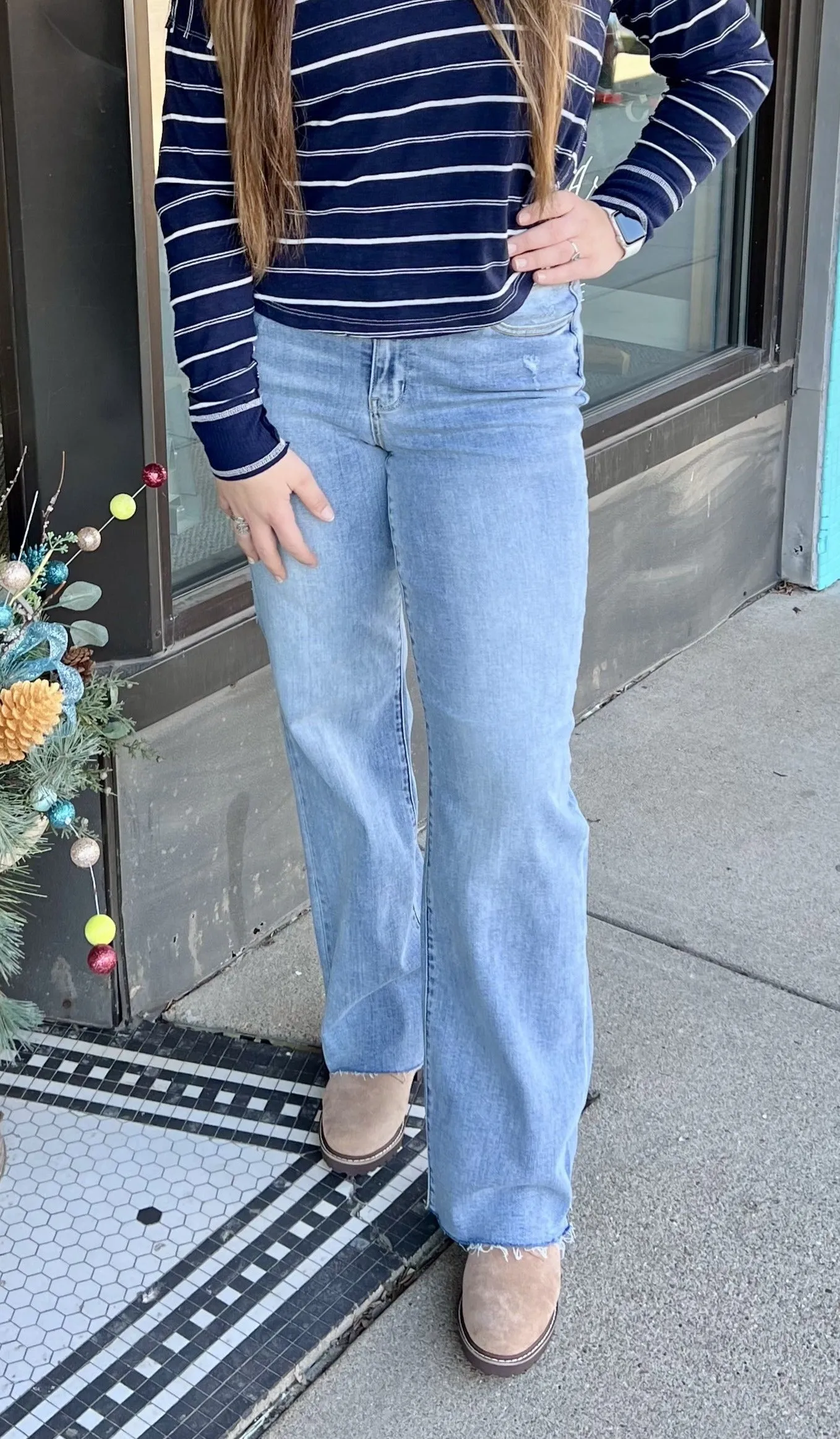 High Waist V Front Waistband Straight Fit Denim Jeans