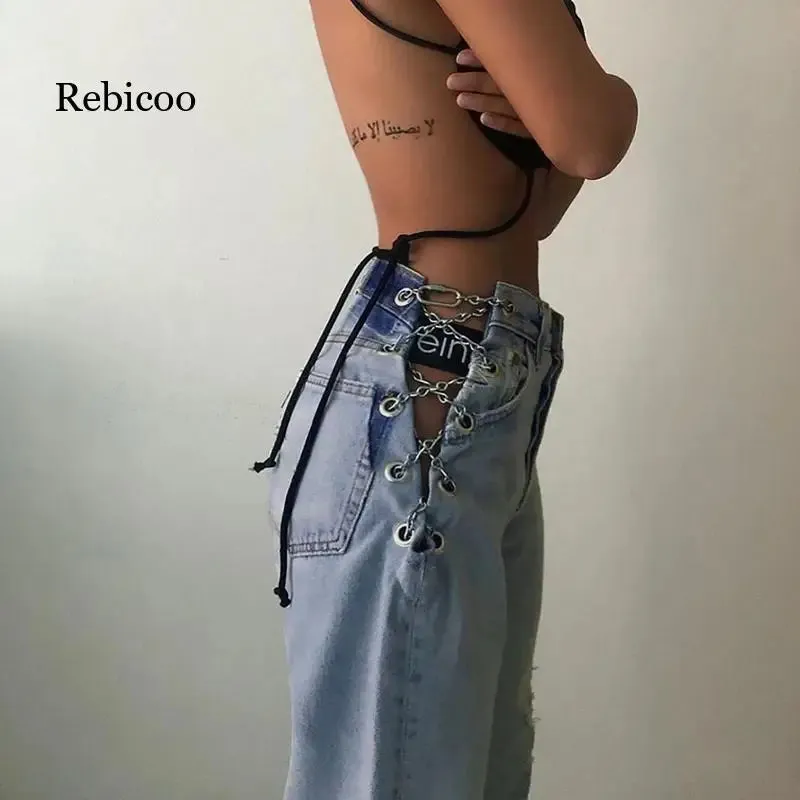 High-Waisted Chain Detail Wide-Leg Jeans – Elegant Hollow Out Design