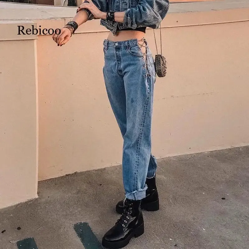 High-Waisted Chain Detail Wide-Leg Jeans – Elegant Hollow Out Design
