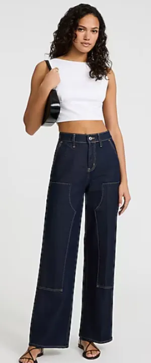 High Waisted Dark Wash Carpenter Wide Leg Jeans