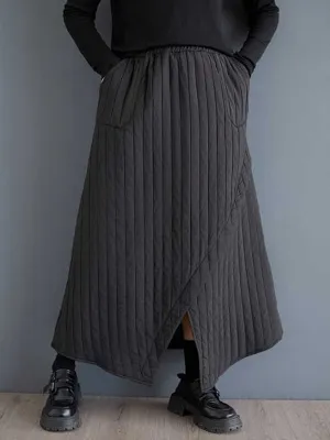 High Waisted Loose Asymmetric Elasticity Pockets Quilted Solid Color Skirts Bottoms