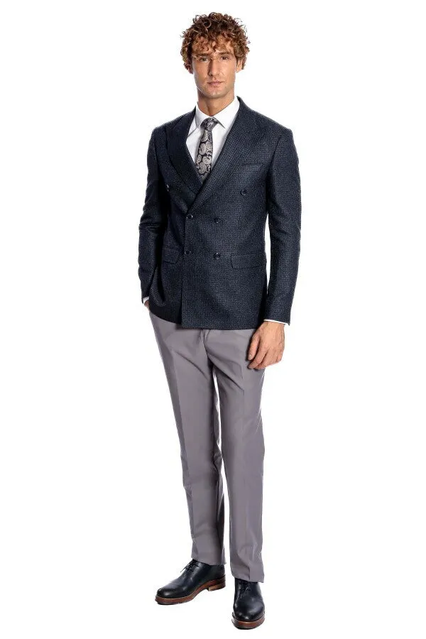 Houndstooth Patterned Navy Blue Men Double Breasted Blazer - Wessi