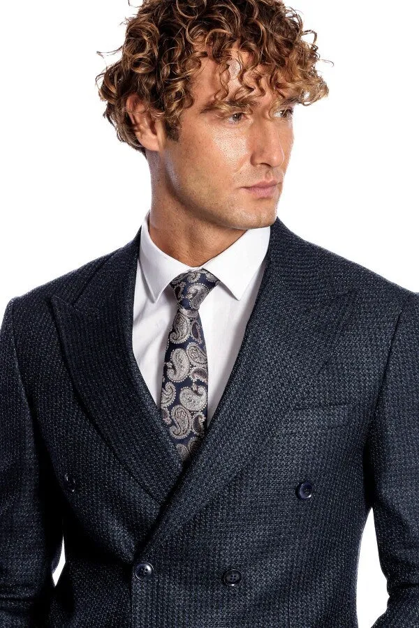 Houndstooth Patterned Navy Blue Men Double Breasted Blazer - Wessi