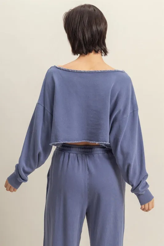 HYFVE Frayed Detail Boat Neck Long Sleeve Crop Top