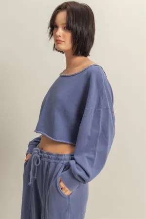 HYFVE Frayed Detail Boat Neck Long Sleeve Crop Top