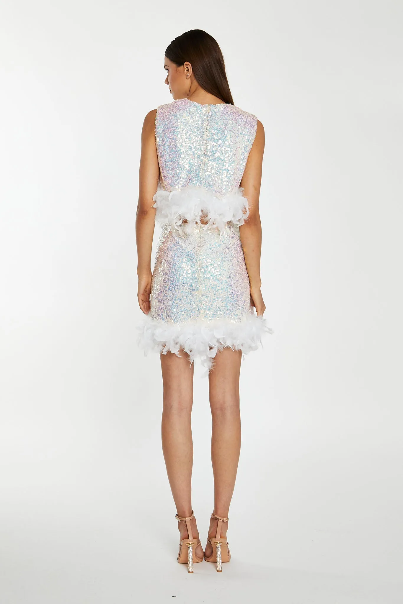 Iridescent-Sequin White Feather Trim Crop-Top