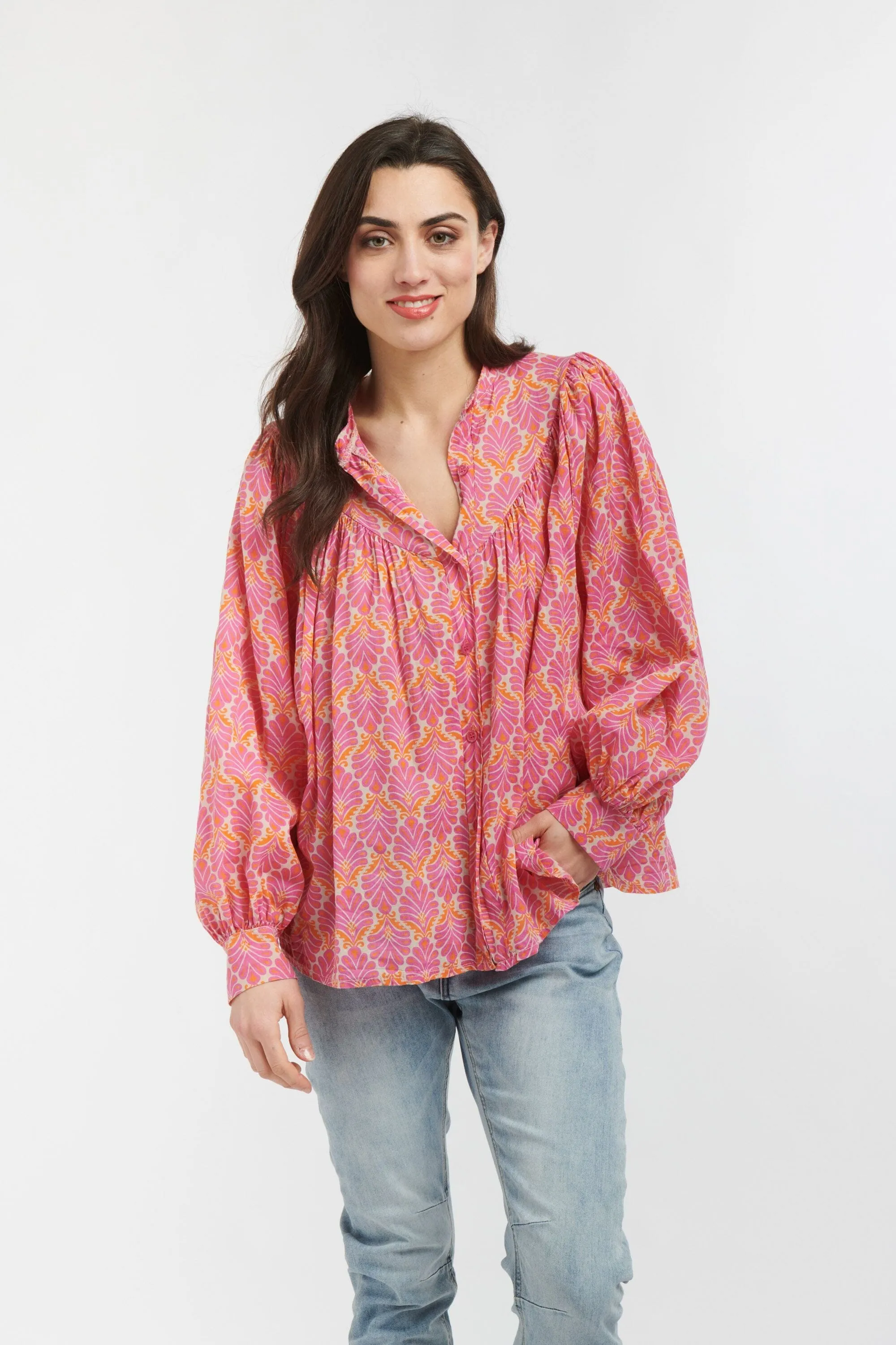 ITALIAN STAR Sybil Blouse - Feather Print Pink Fuxia Orange
