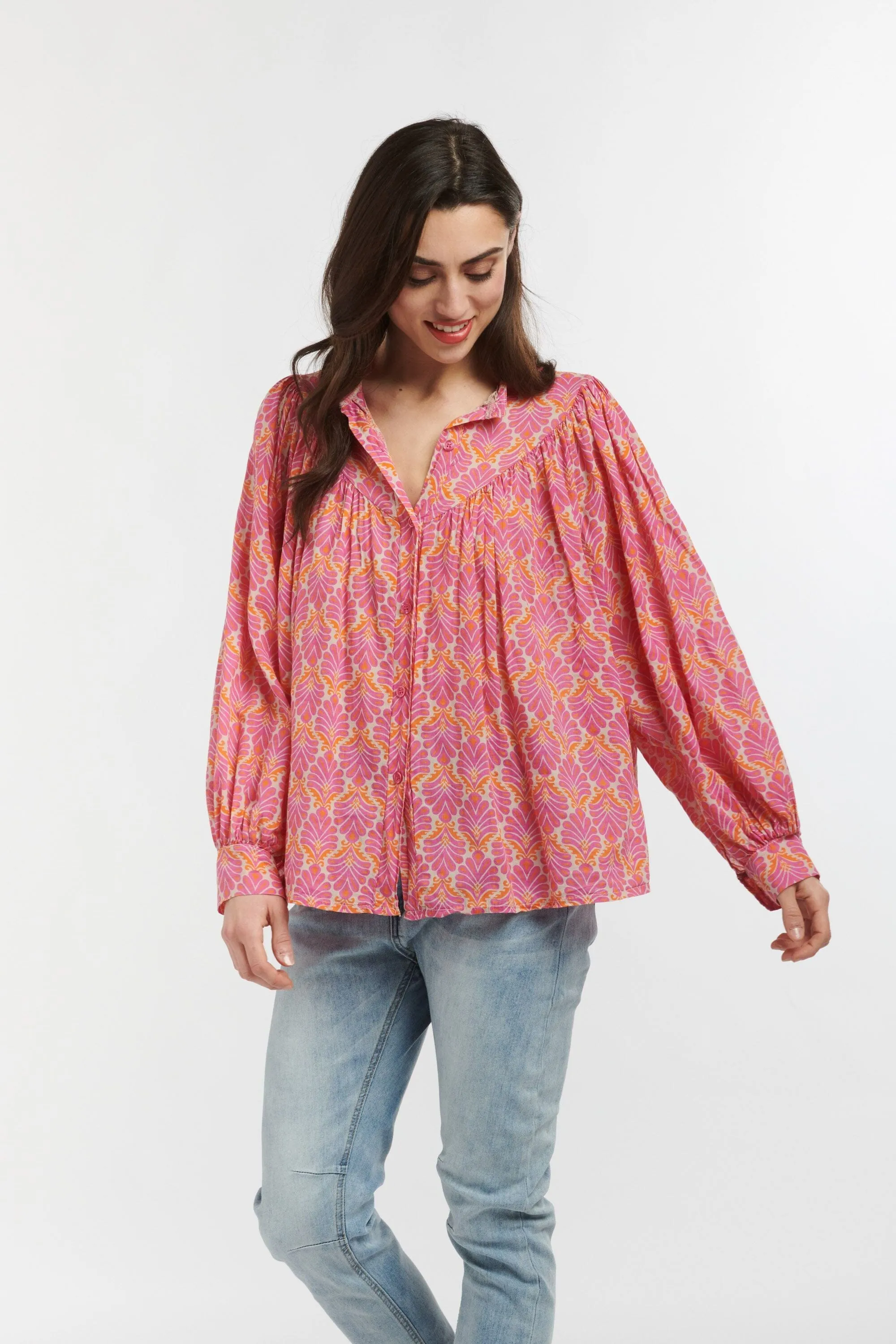 ITALIAN STAR Sybil Blouse - Feather Print Pink Fuxia Orange