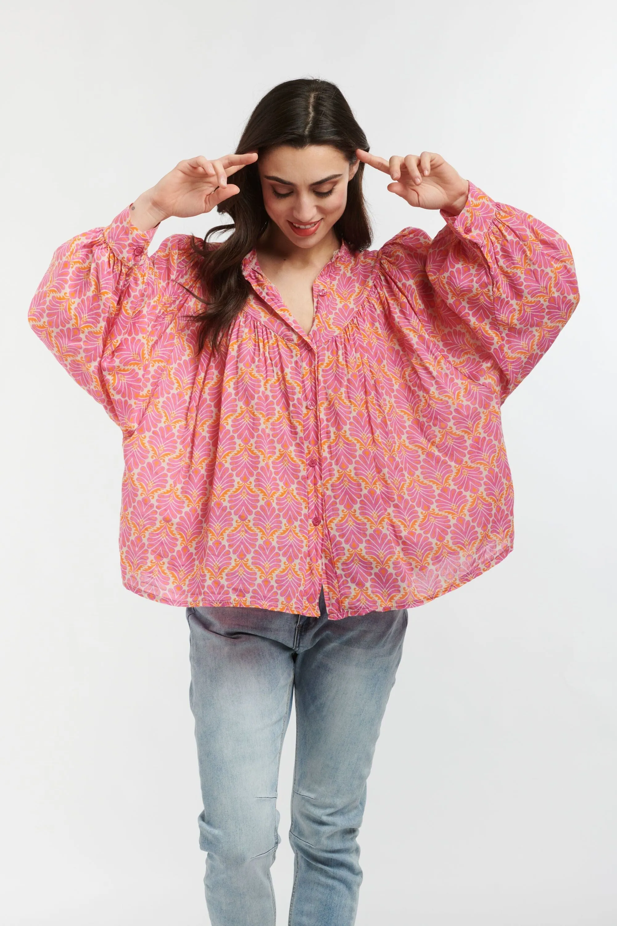 ITALIAN STAR Sybil Blouse - Feather Print Pink Fuxia Orange