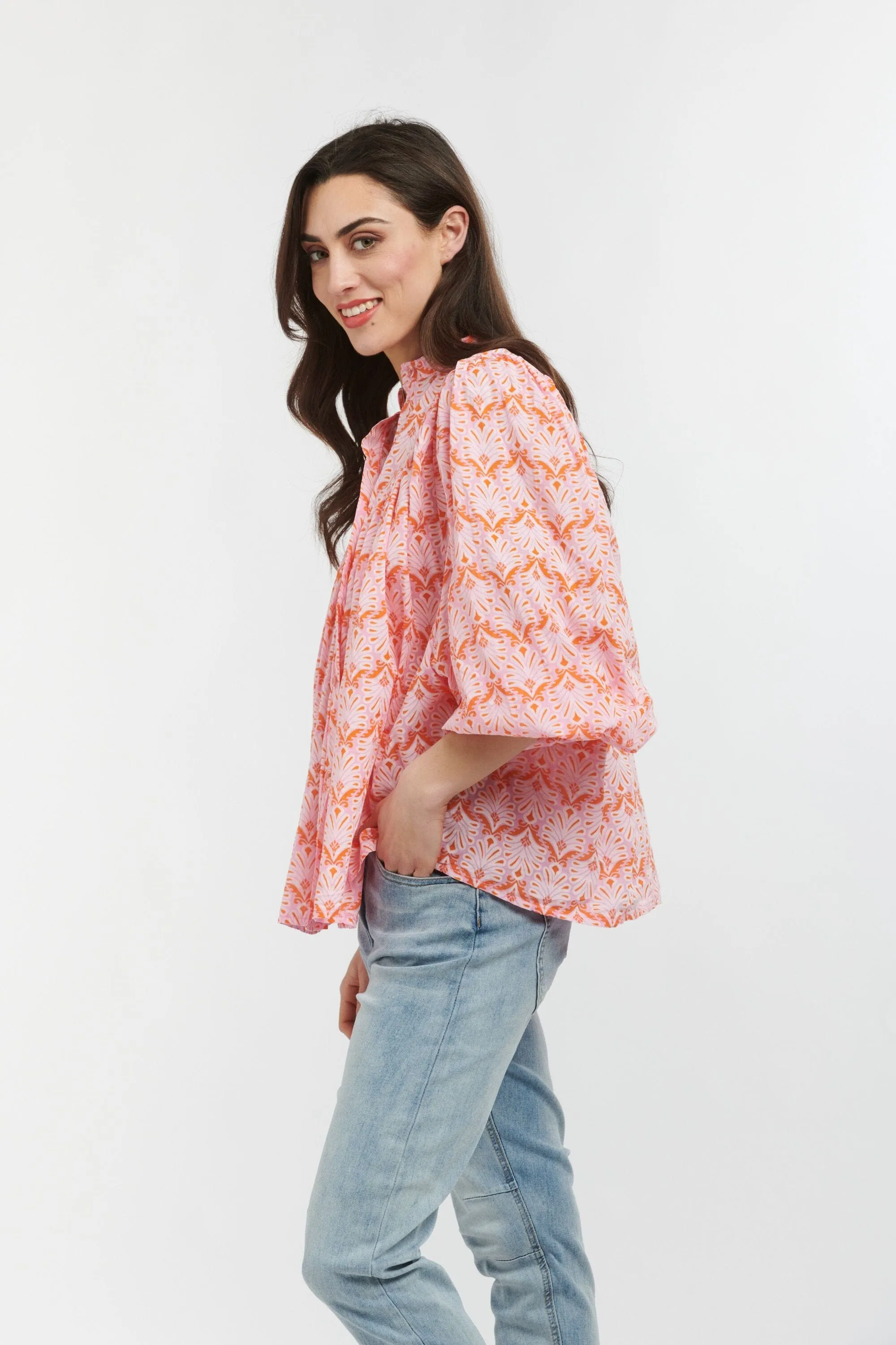 ITALIAN STAR Sybil Blouse - Feather Print Soft Pink Orange White