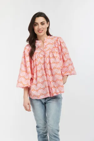 ITALIAN STAR Sybil Blouse - Feather Print Soft Pink Orange White