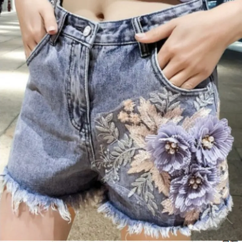 Jeans Feather Floral Women Shorts