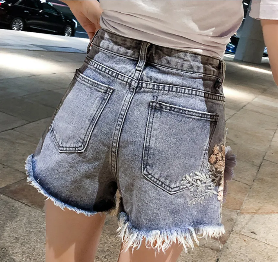 Jeans Feather Floral Women Shorts