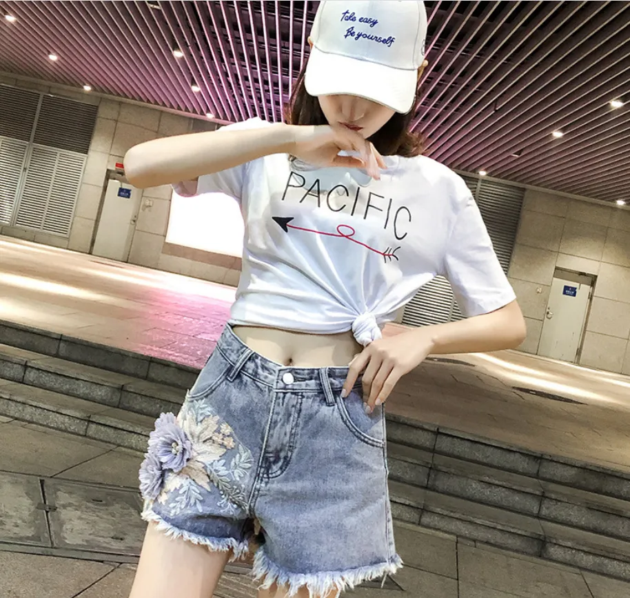 Jeans Feather Floral Women Shorts