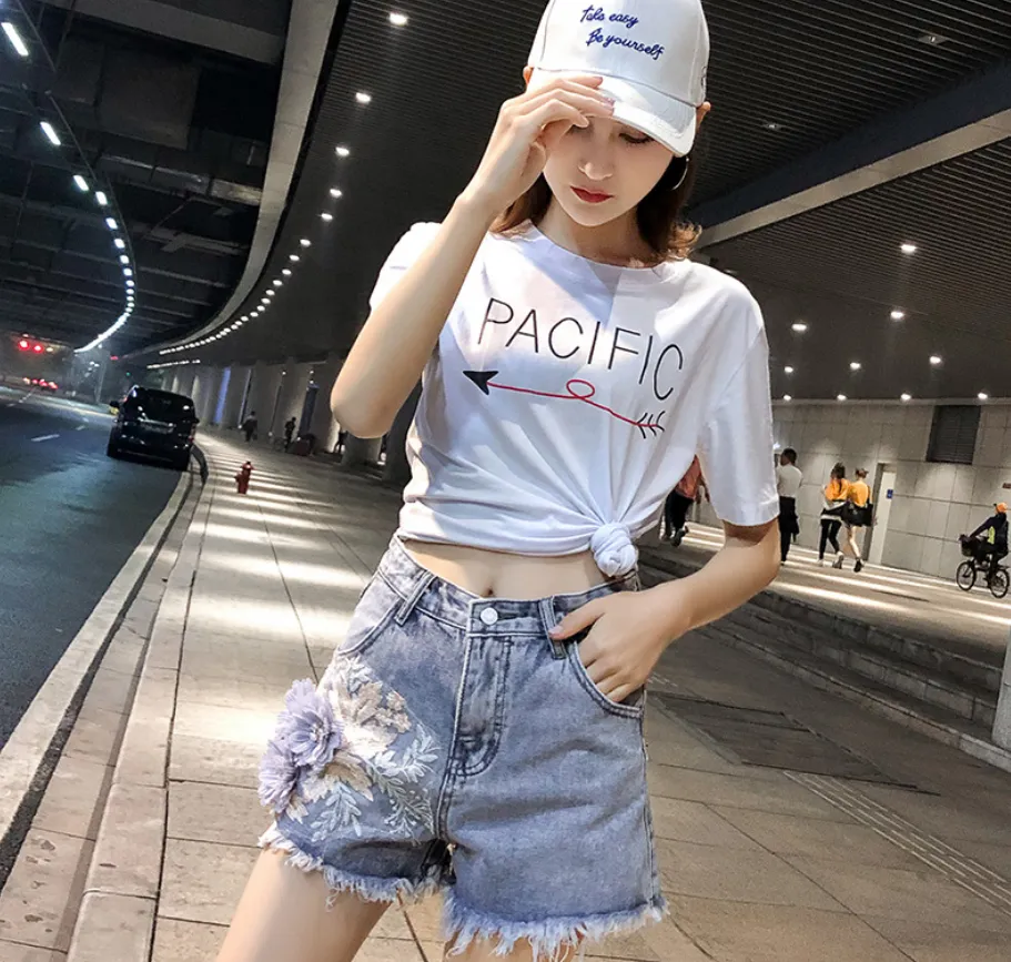 Jeans Feather Floral Women Shorts