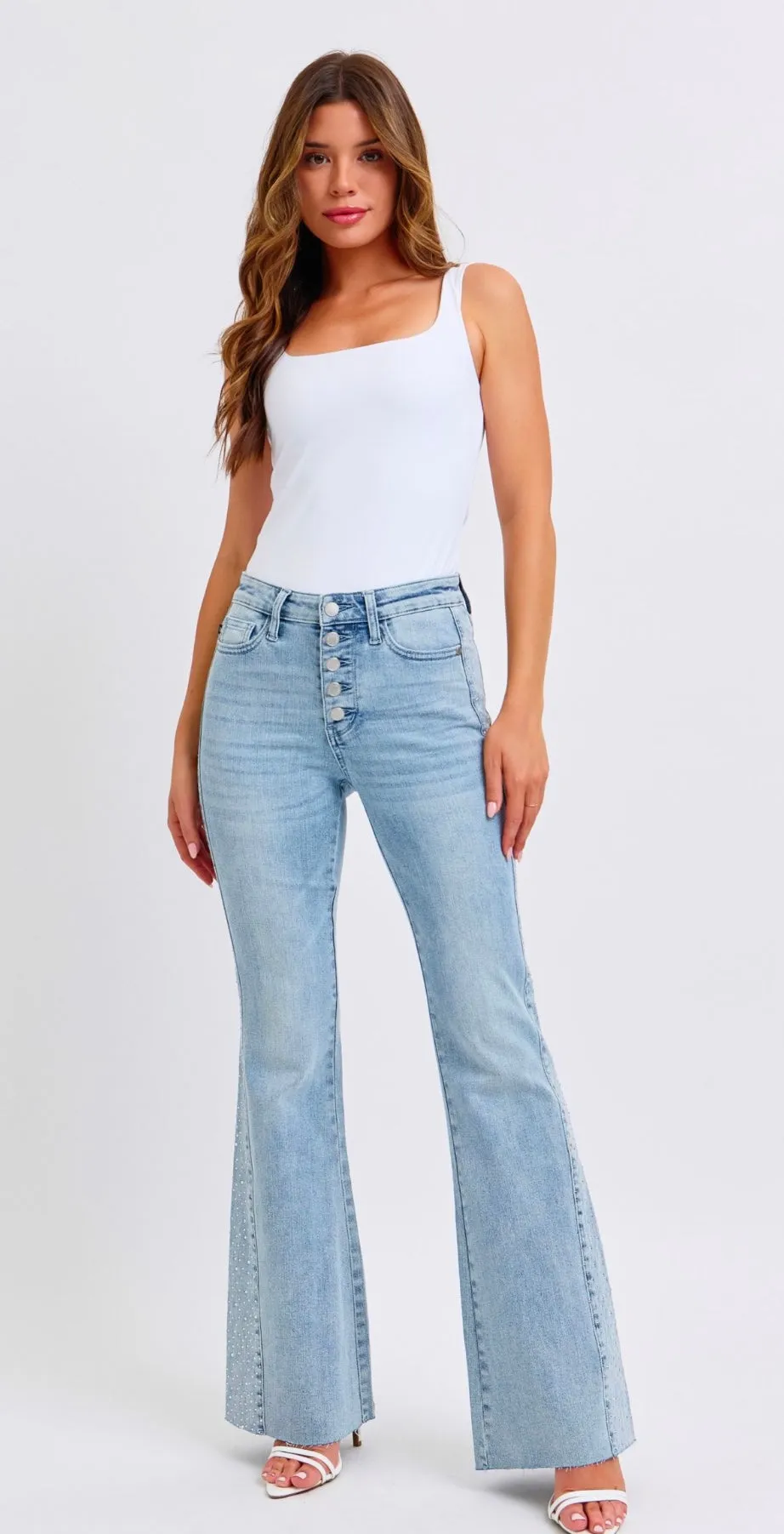 Judy Blue Light Wash Rhinestone Side Flare Jeans