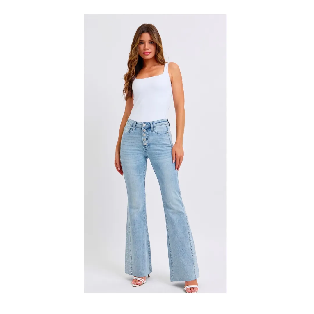Judy Blue Light Wash Rhinestone Side Flare Jeans