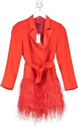 Karen Millen Red Petite Viscose Satin Crepe Feather Hem Double Breasted Tux Tailored Mini Dress UK 4
