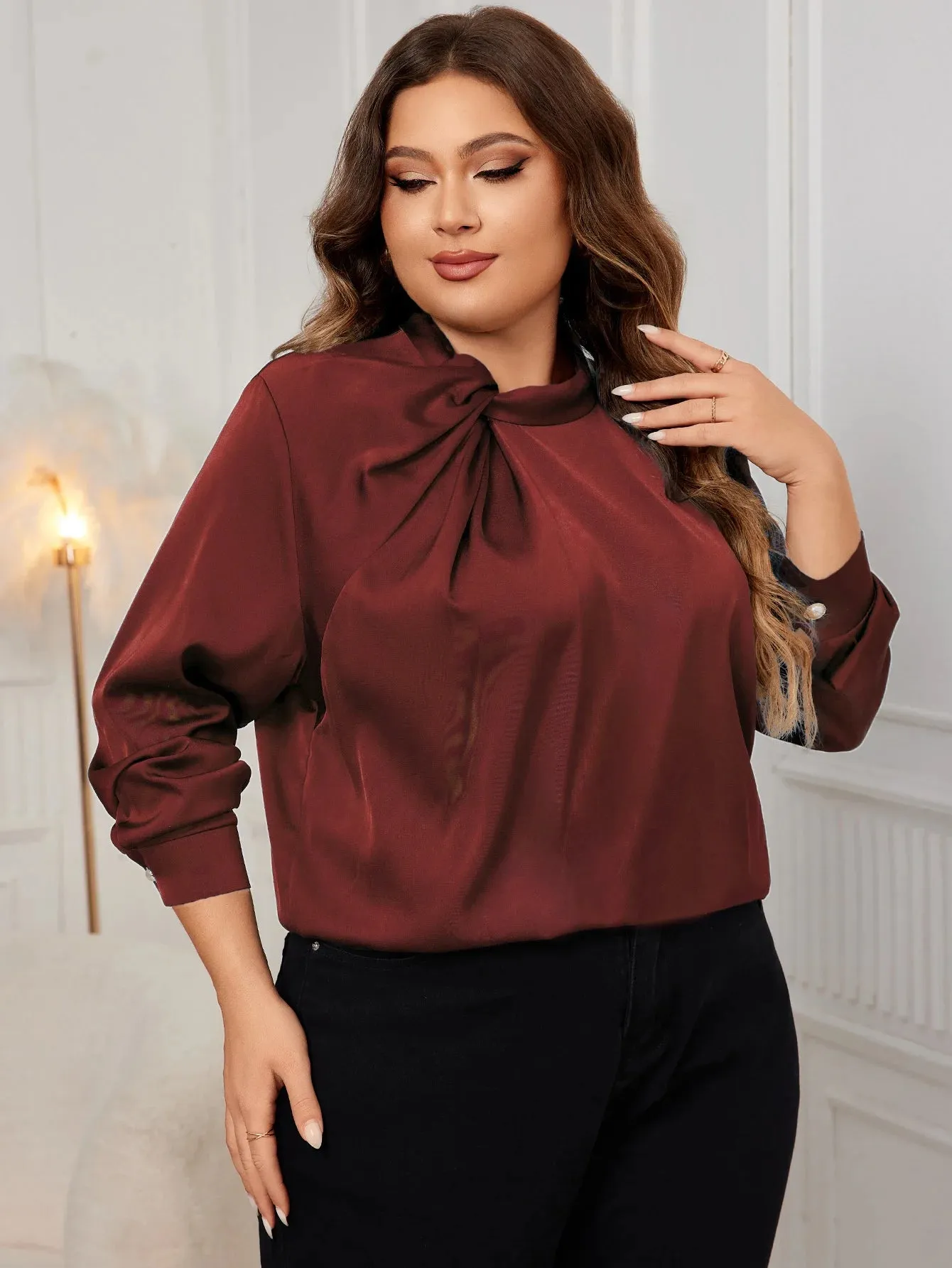 KEBY ZJ Elegant Satin Plus Size Bow Neck Blouse