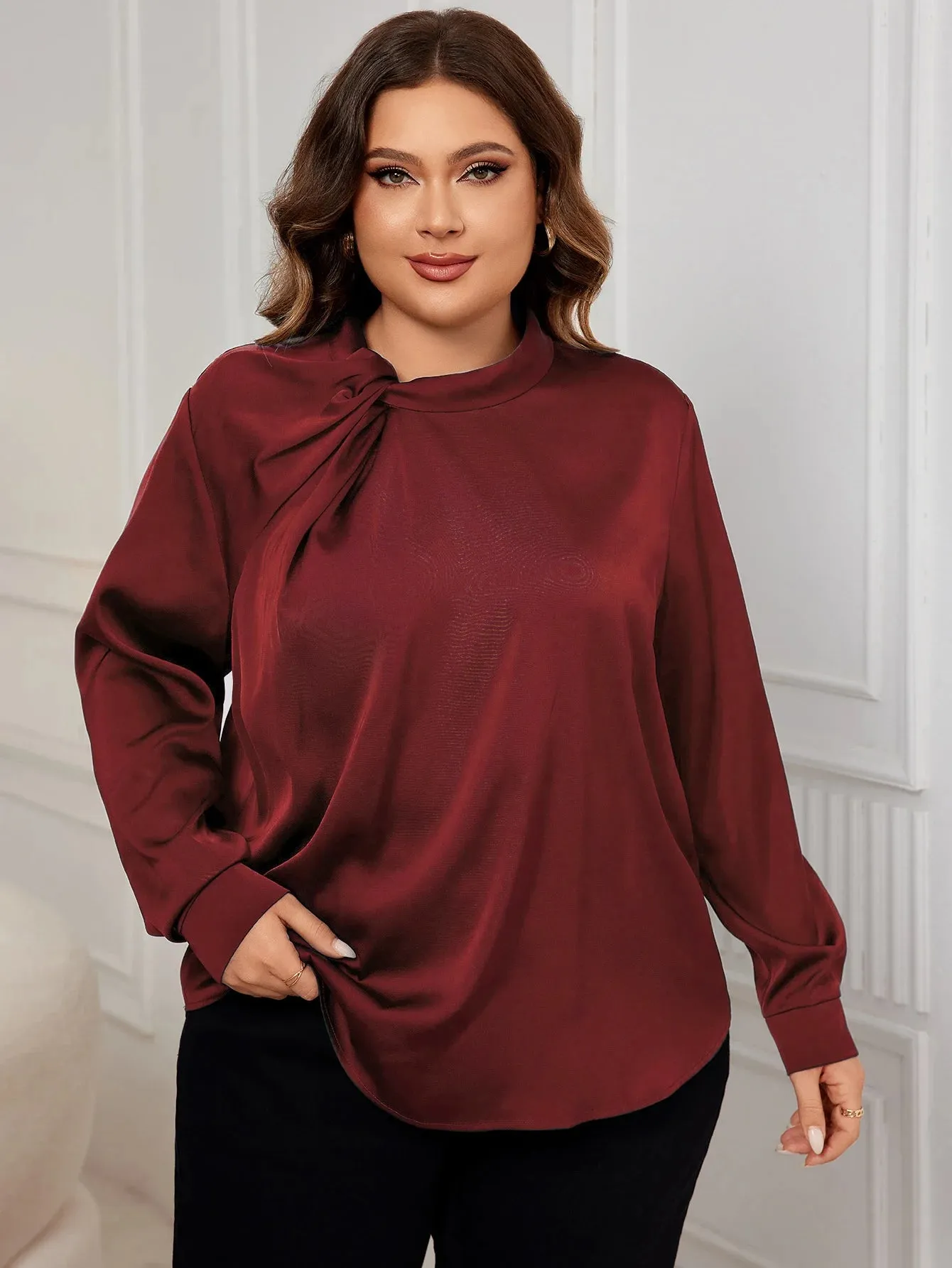 KEBY ZJ Elegant Satin Plus Size Bow Neck Blouse