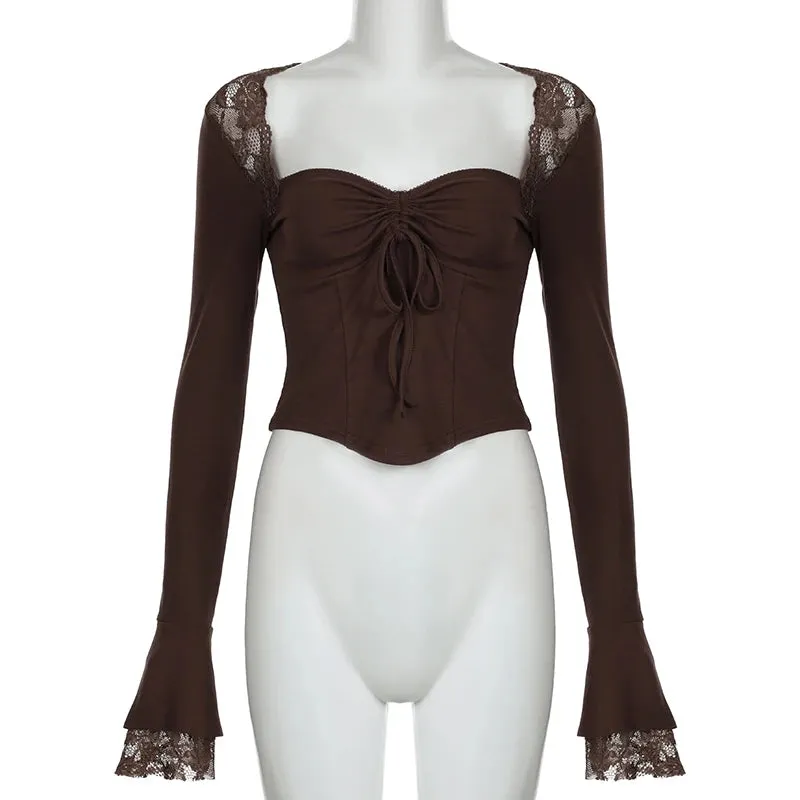 Korean Style Brown Lace Patchwork Flare Sleeve Top