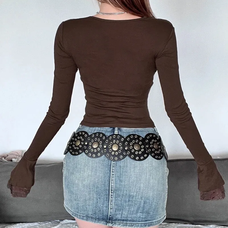 Korean Style Brown Lace Patchwork Flare Sleeve Top