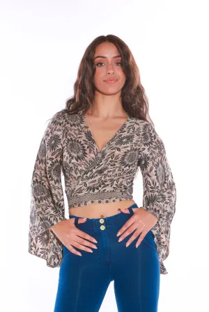 Long sleeve Wrap top - Freesize- brown sunflower