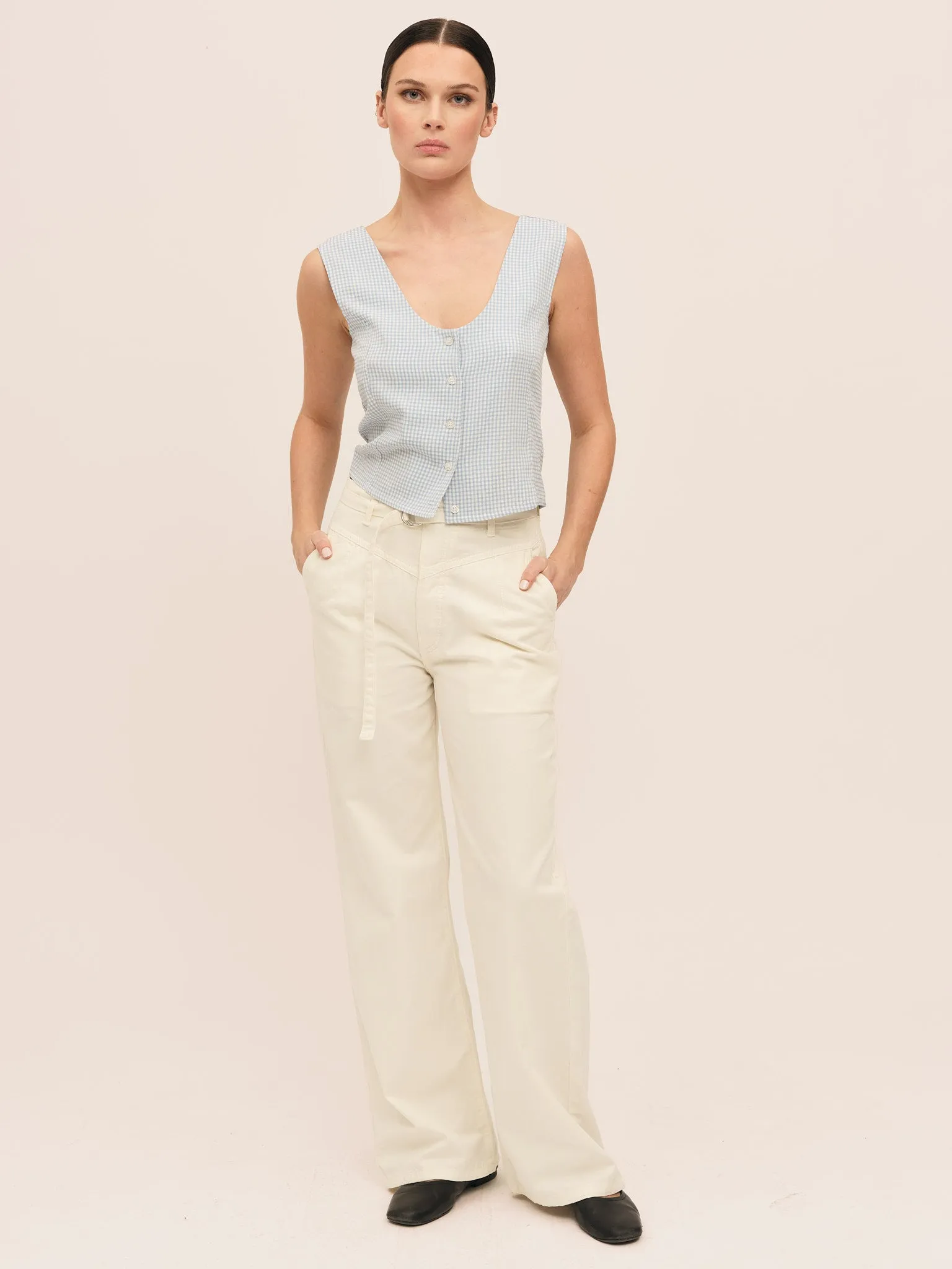 Mari Button Tank Top - Lt. Blue Checked
