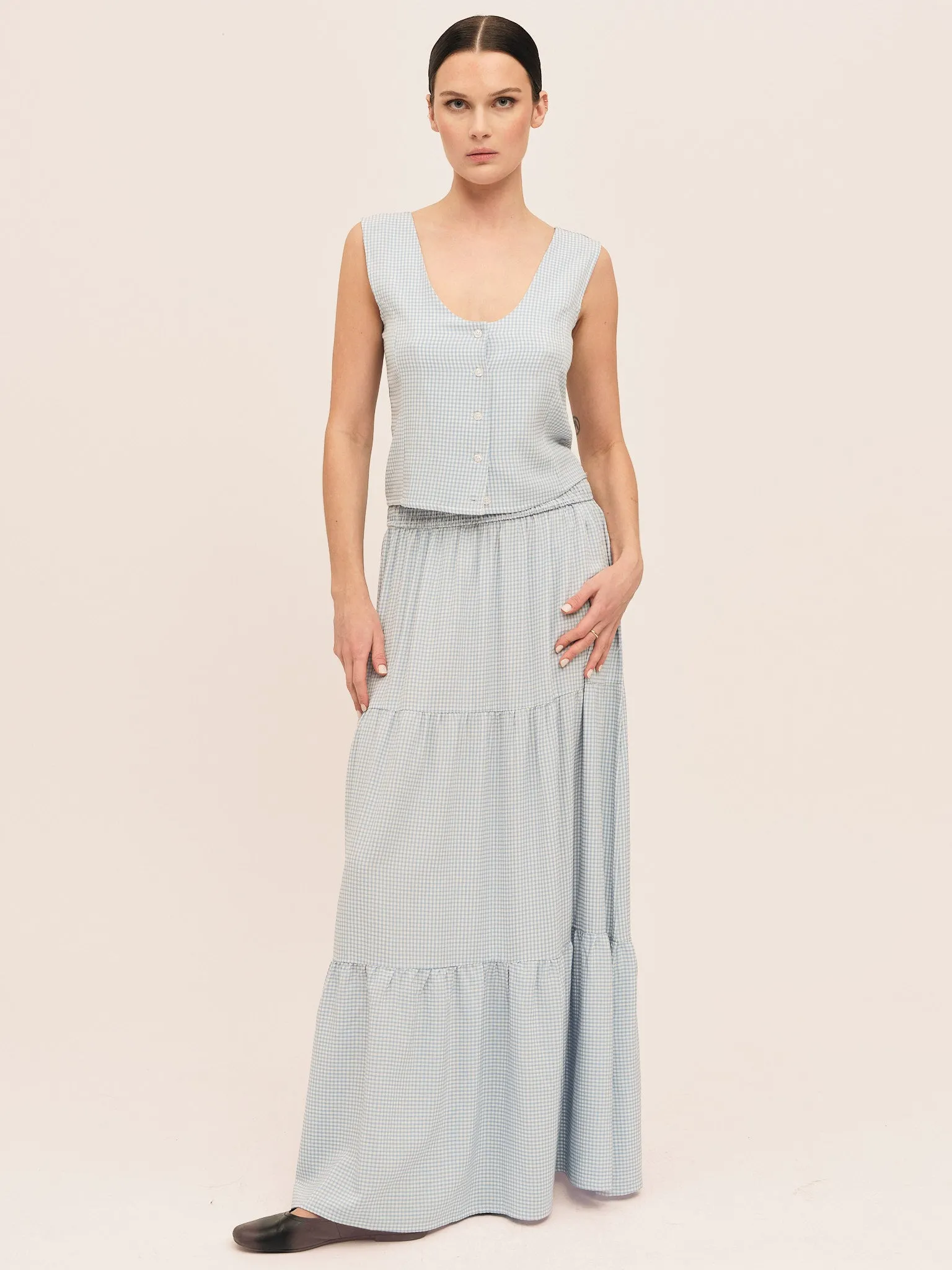 Mari Button Tank Top - Lt. Blue Checked