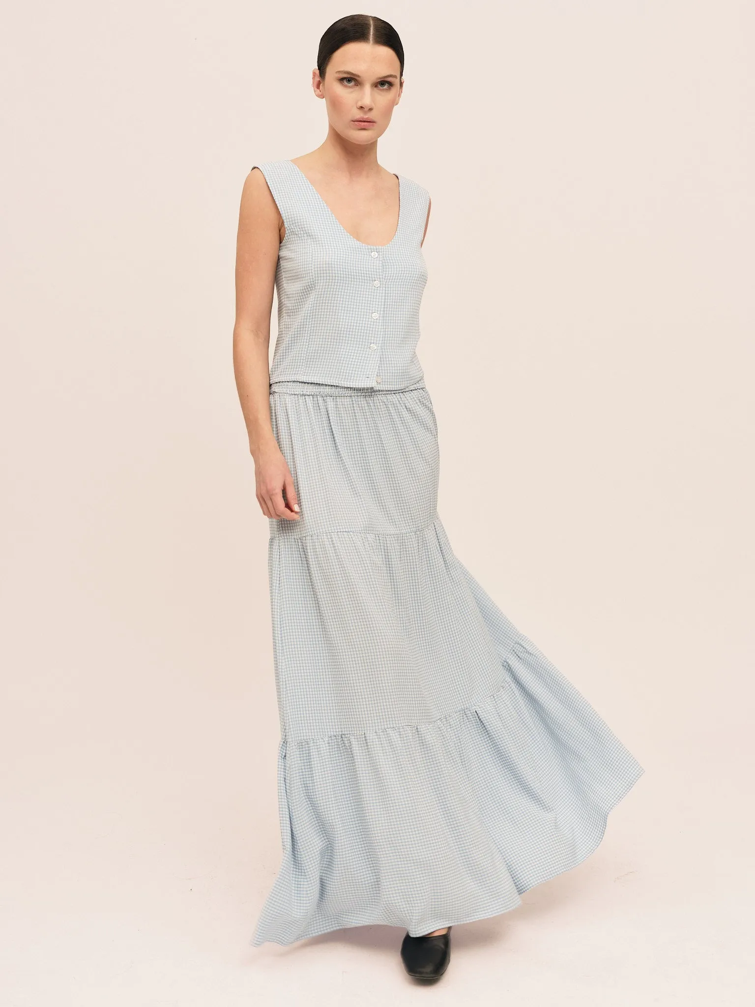 Mari Button Tank Top - Lt. Blue Checked