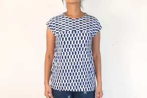 Marimekko blue and white print cap sleeve top size S