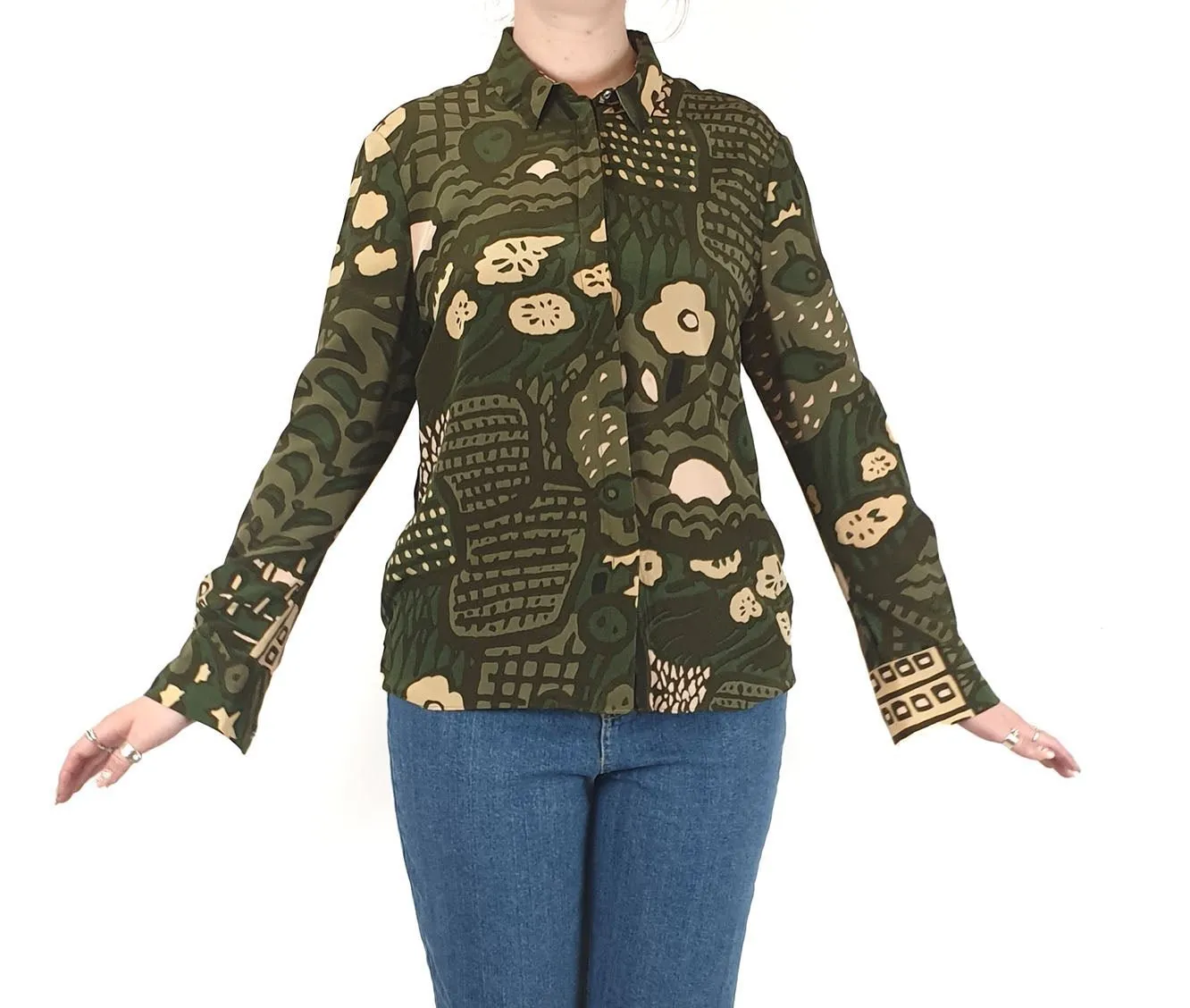 Marimekko green print 100% silk shirt size 40 (fits 12-14)