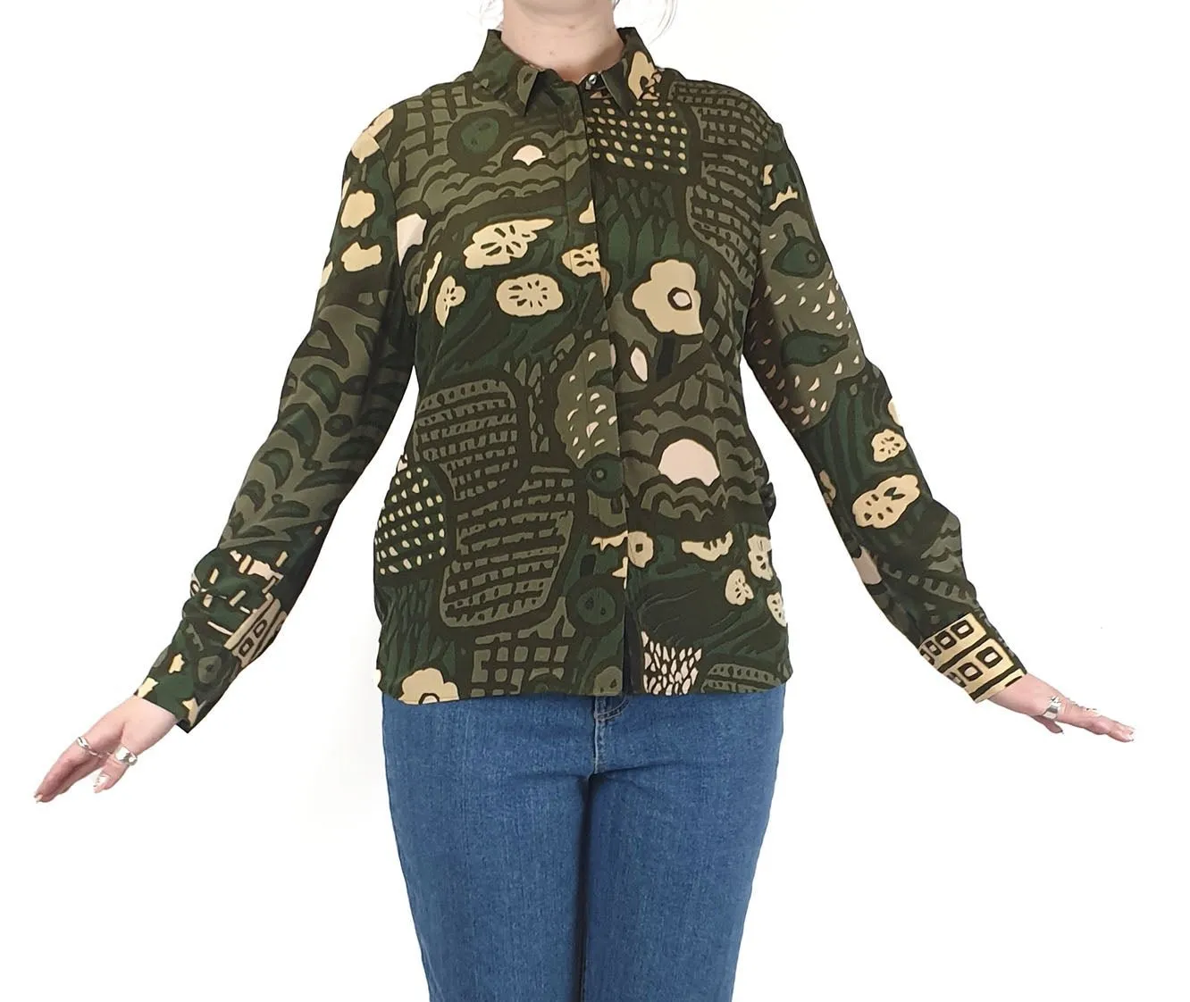 Marimekko green print 100% silk shirt size 40 (fits 12-14)