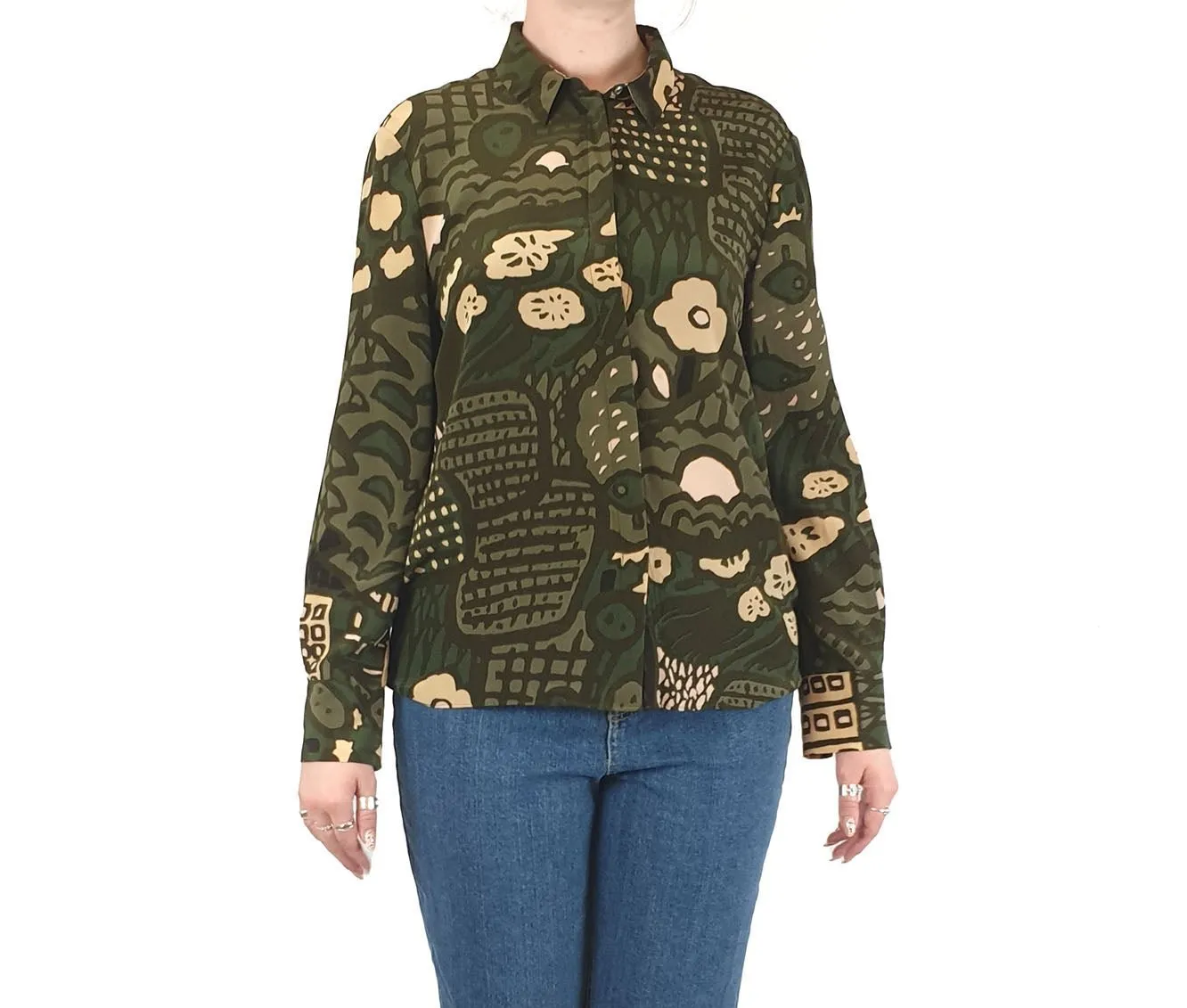 Marimekko green print 100% silk shirt size 40 (fits 12-14)
