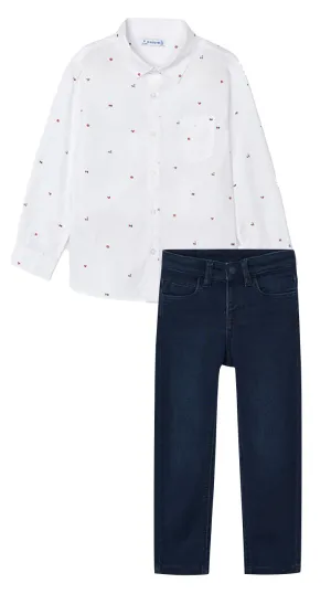 Mayoral 4110 White Long Sleeve Shirt and 4540 Denim Jeans In Stock Now