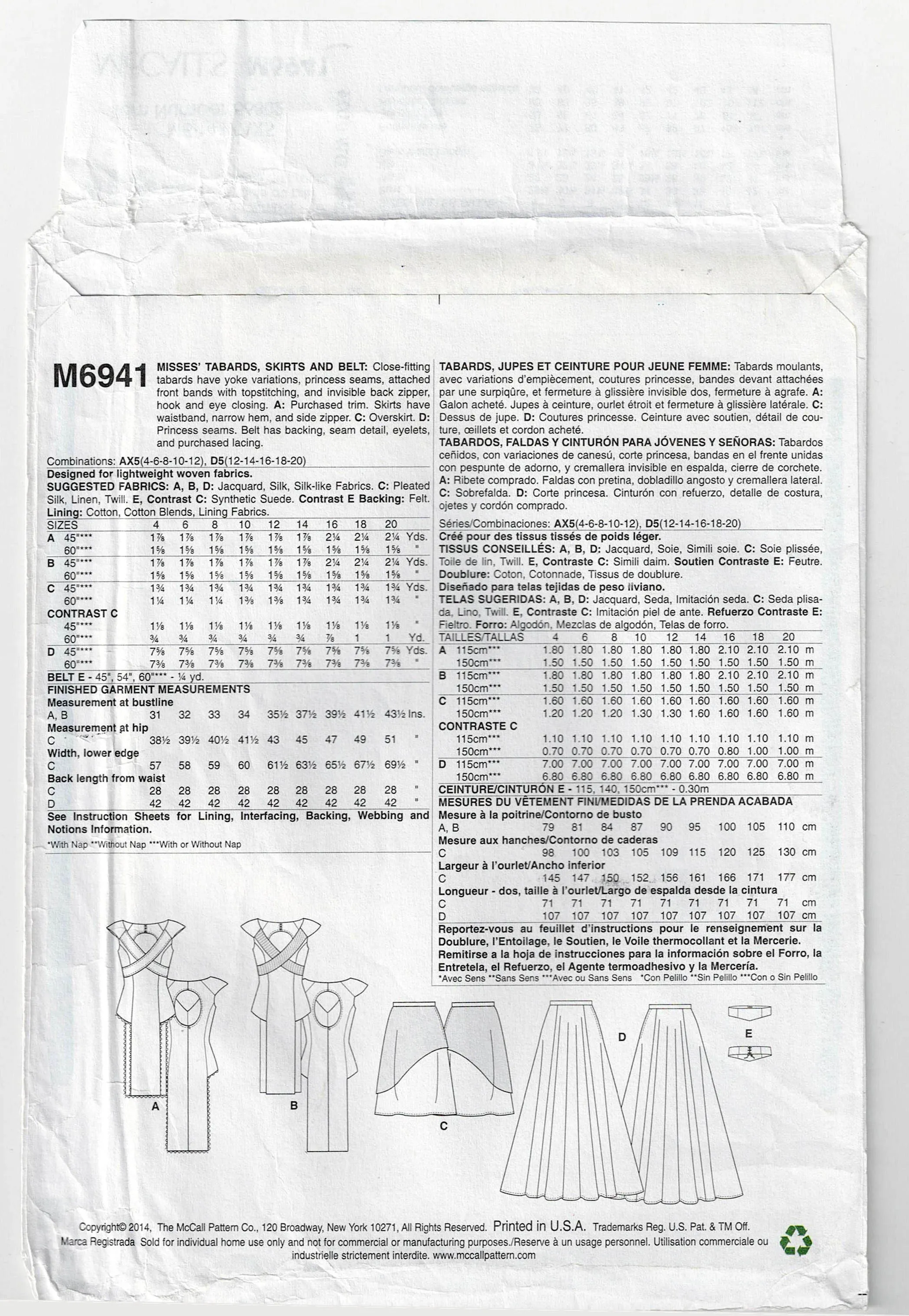 McCall's 6941 Womens Costume with Tabard Skirt & Belt Out Of Print Sewing Pattern Size 4 - 12 UNCUT Factory Folded