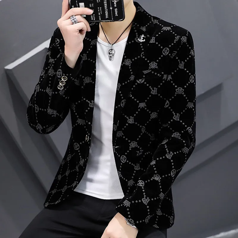 Men Blazers Luxury Corduroy Casual Slim Suit