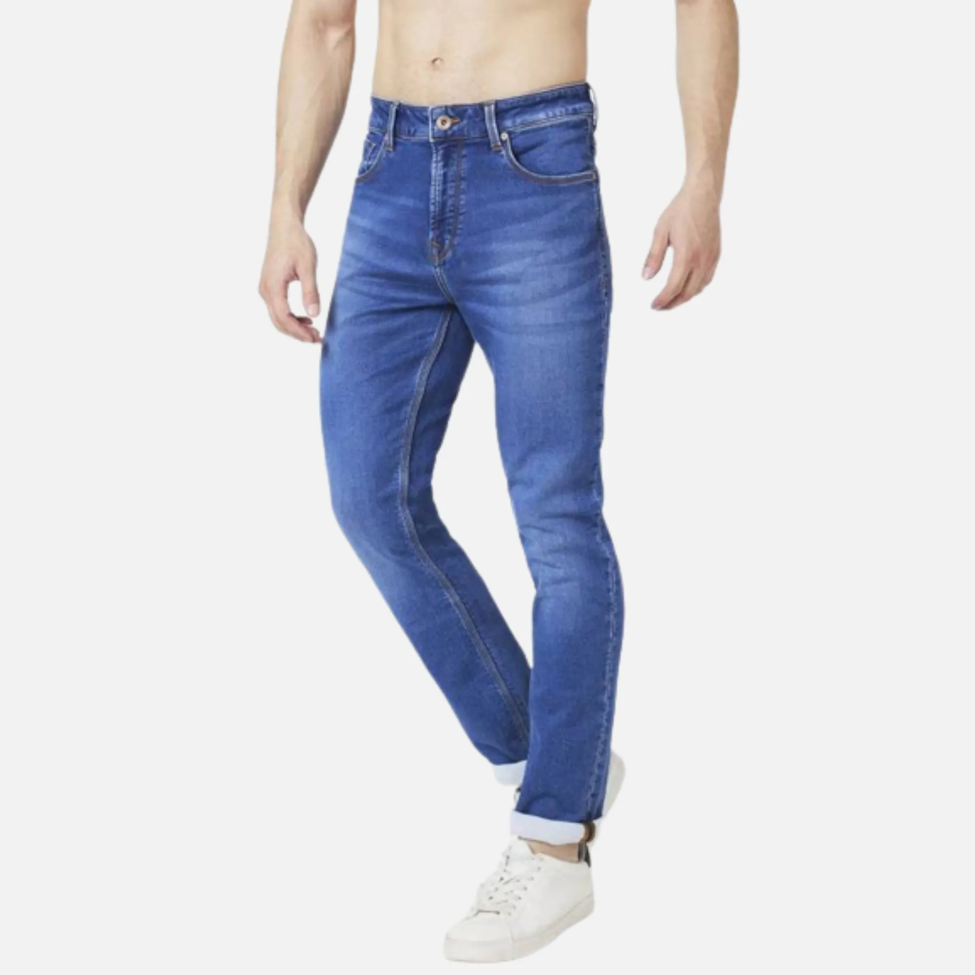 MID BLUE COTTON STRETCH REGULAR FIT NARROW LENGTH CLEAN LOOK MID RISE JEANS